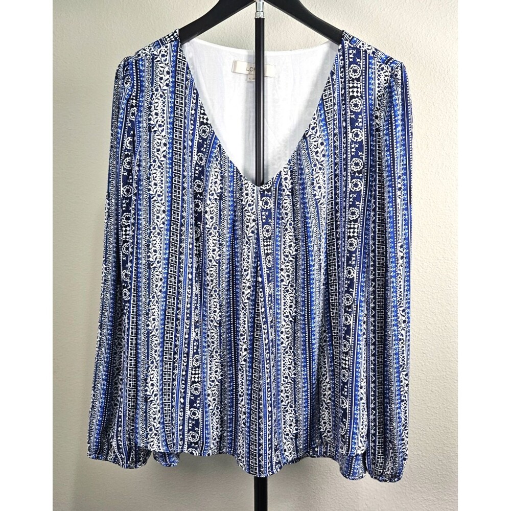 LOFT XL Blue White Boho Peasant Blouse Floral Stripe Long Sleeve Tunic Top